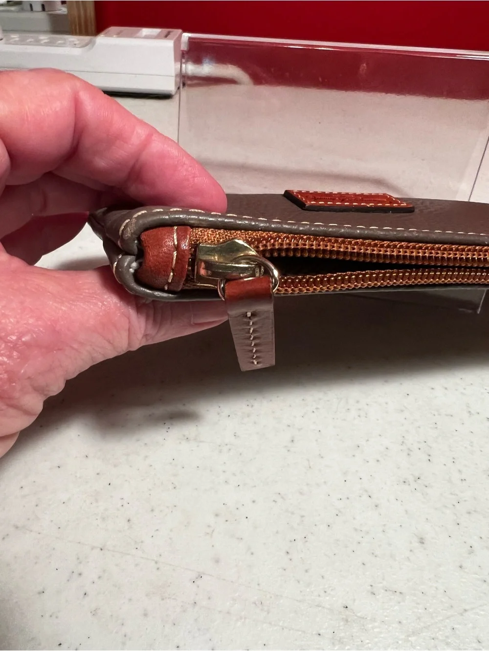 Dooney & Bourke Gray Pebble Leather Toiletry Pouch with Tan Logo Patch